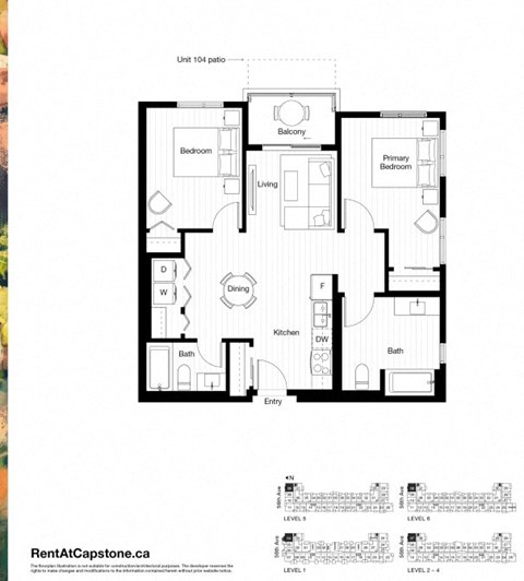 Floor plan for 2 beds, 2 baths, 880 sqft